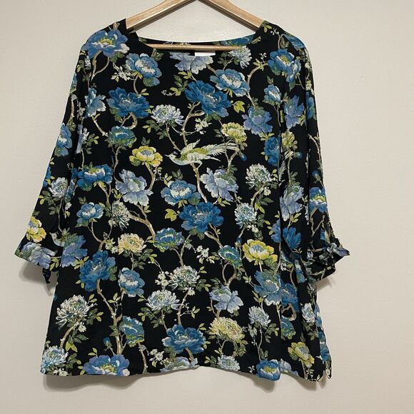 J. Jill Chinoiserie Floral Tunic Blouse 2X Crepe Asian Inspired Black Bow Sleeve - Picture 1 of 12
